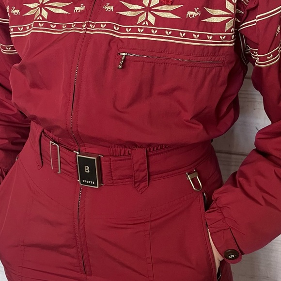 Vintage Bogner One-Piece Embroidered Ski Suit Fur Trimmed Hood Burgundy Sz 10 - Picture 10 of 16